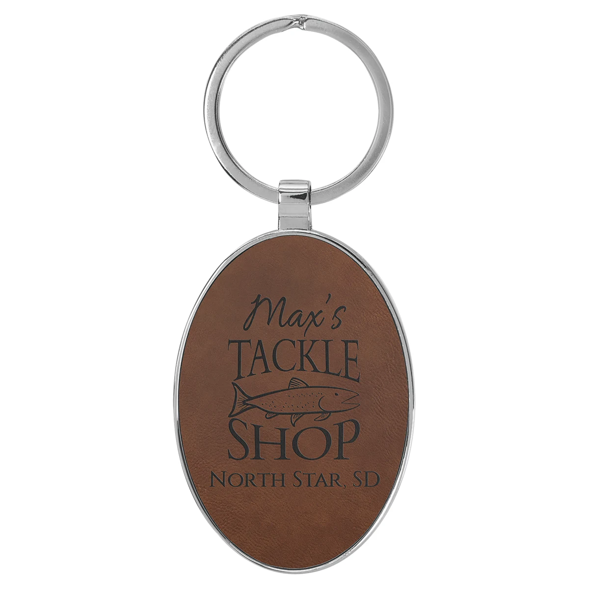3" x 1 3/4" Leatherette/Metal Dark Brown Oval Keychain 1
