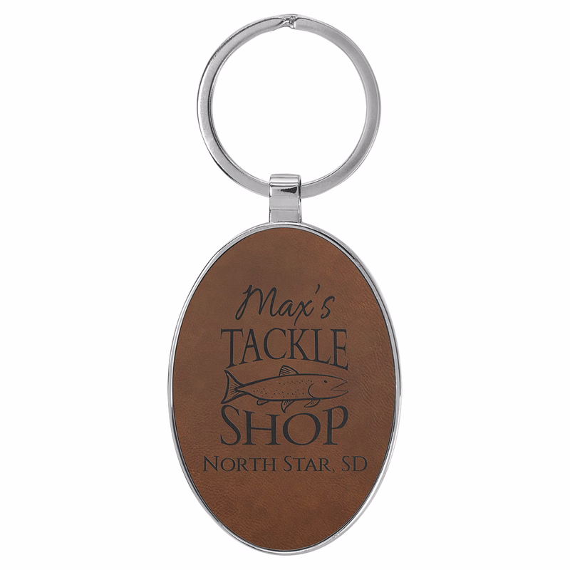 3" x 1 3/4" Leatherette/Metal Dark Brown Oval Keychain
