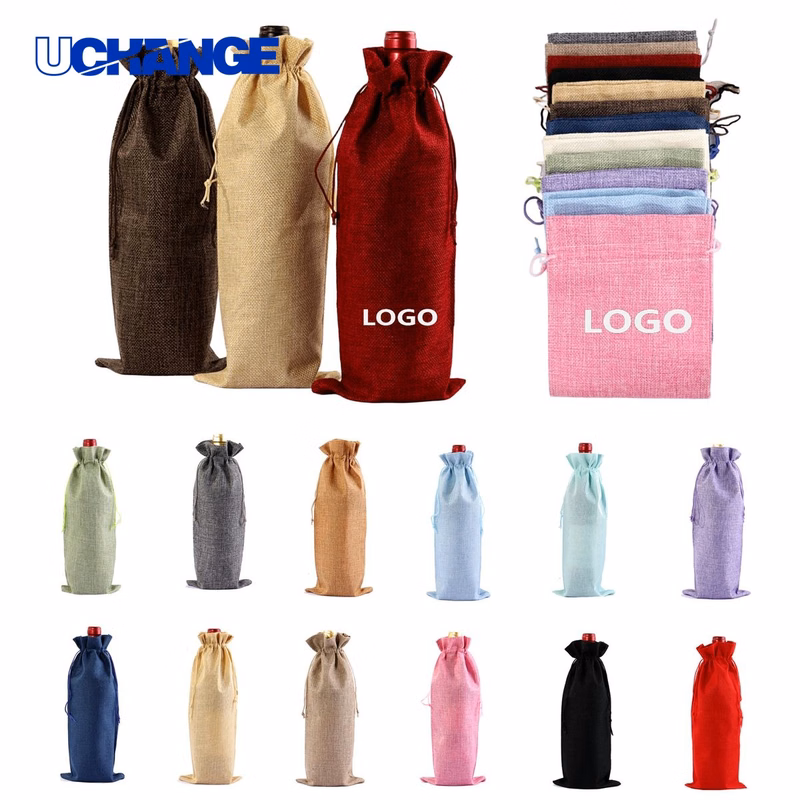 Burlap Wine Bottle Bag with Drawstring