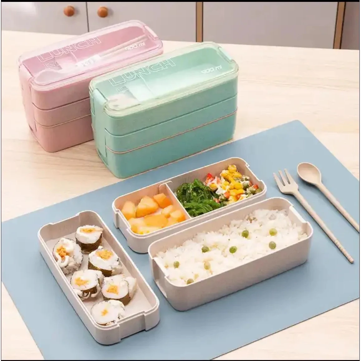 Portable 3 Layer Wheat Straw Lunch Bento 1