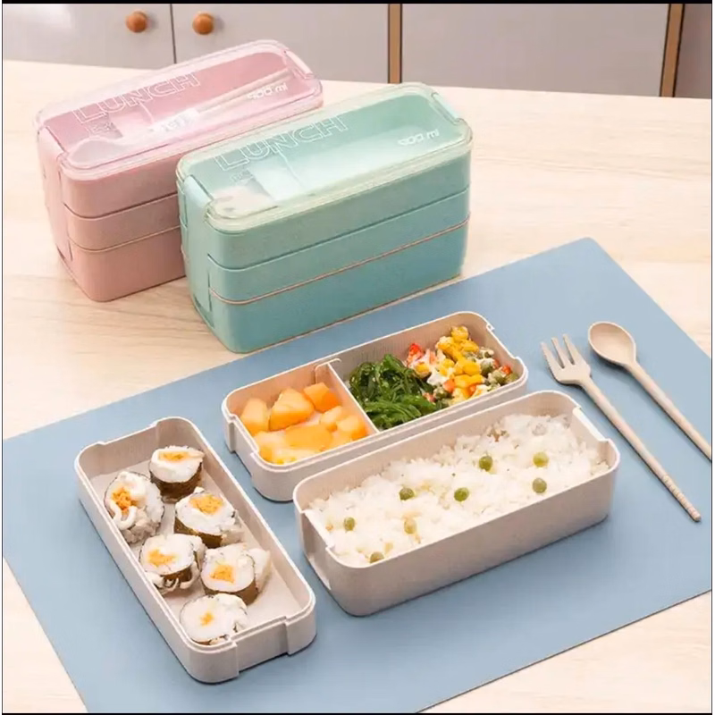 Portable 3 Layer Wheat Straw Lunch Bento