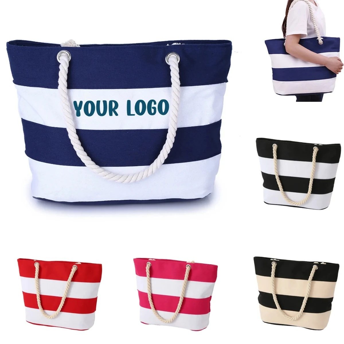 Full Color Burlap Rope Striped Canvas Tote Bag, custom tote bag with logo imprint 1