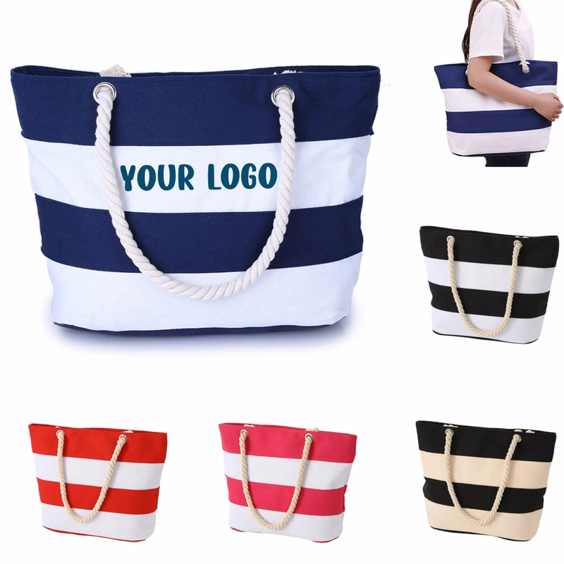 Full Color Burlap Rope Striped Canvas Tote Bag