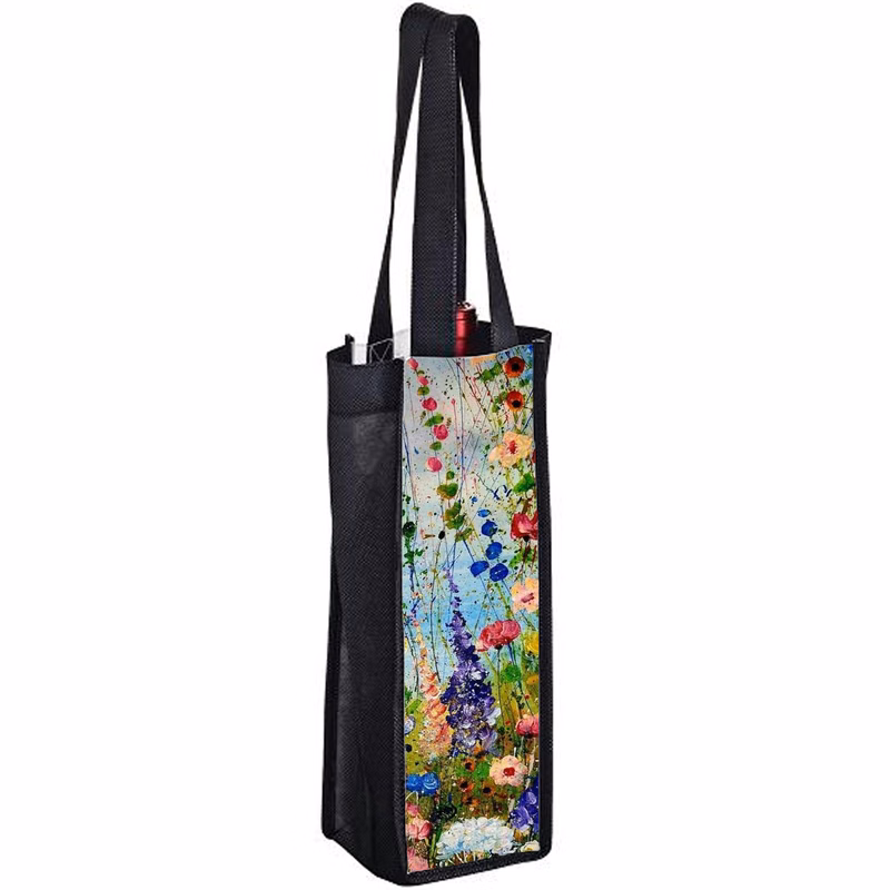 Sublimated PET Non-Woven Single Bottle Tote Bag w/ Gusset - 2 Sided (4" x 13" x 4")