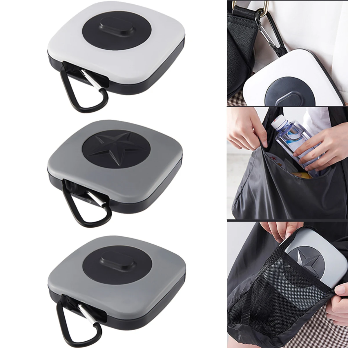 Reusable Nylon Tote Bag with Storage Box and Carabiner Clip 1