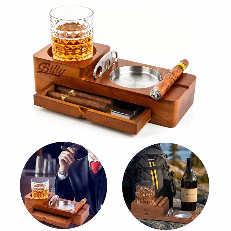 Wooden Coaster Whiskey Glass Tray and Cigar Ashtray