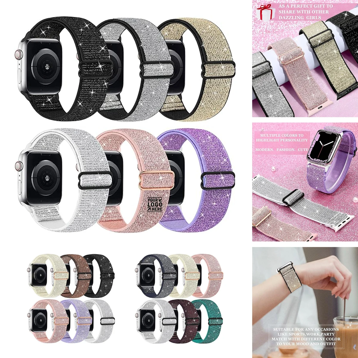 Women Girls Bling Nylon Stretchy 38mm 40mm 41mm 42mm 44mm 45mm 49mm iWatch Series Apple Watch Band 1