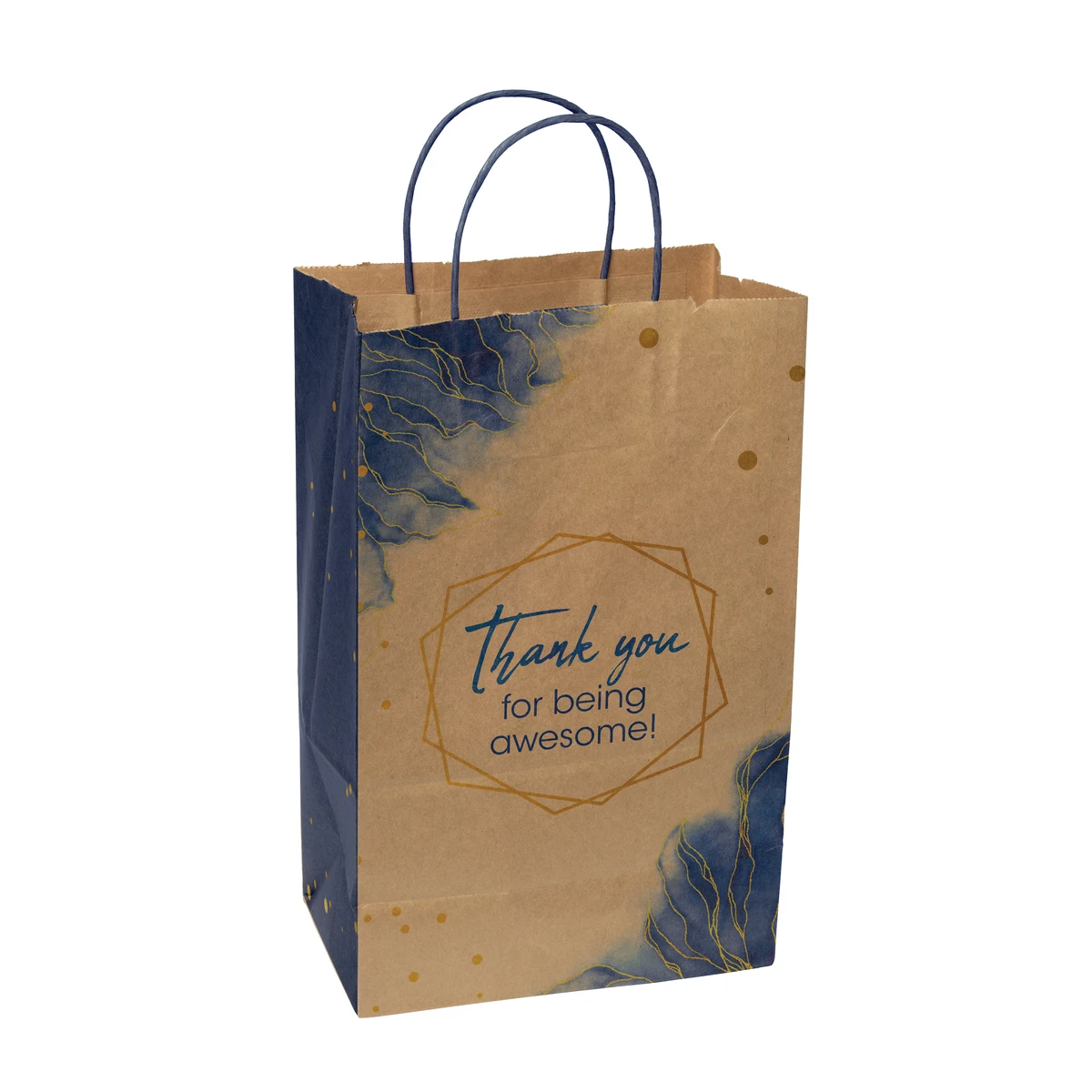 Multi-sided Full Color Natural Shopper Paper Bag - Blue Handle (8.5" x 13.375" x 5") 1