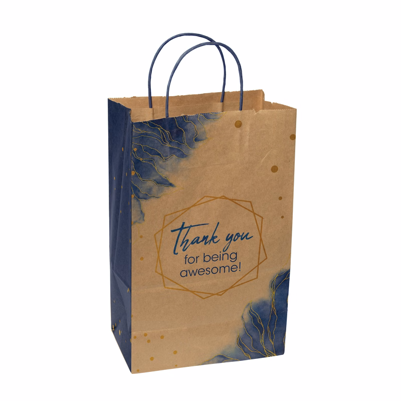 Multi-sided Full Color Natural Shopper Paper Bag - Blue Handle (8.5" x 13.375" x 5")