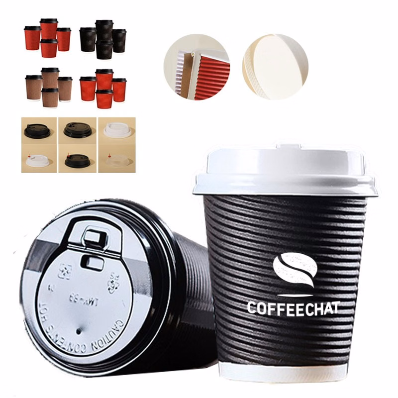 12oz Insulated Kraft Ripple Disposable Coffee Cups With Lids