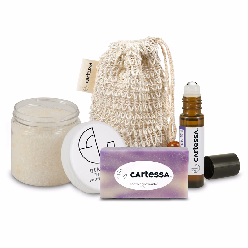 Loofah Bag with Roll-on Essential Oil, Mini Soap, and Bath Salts