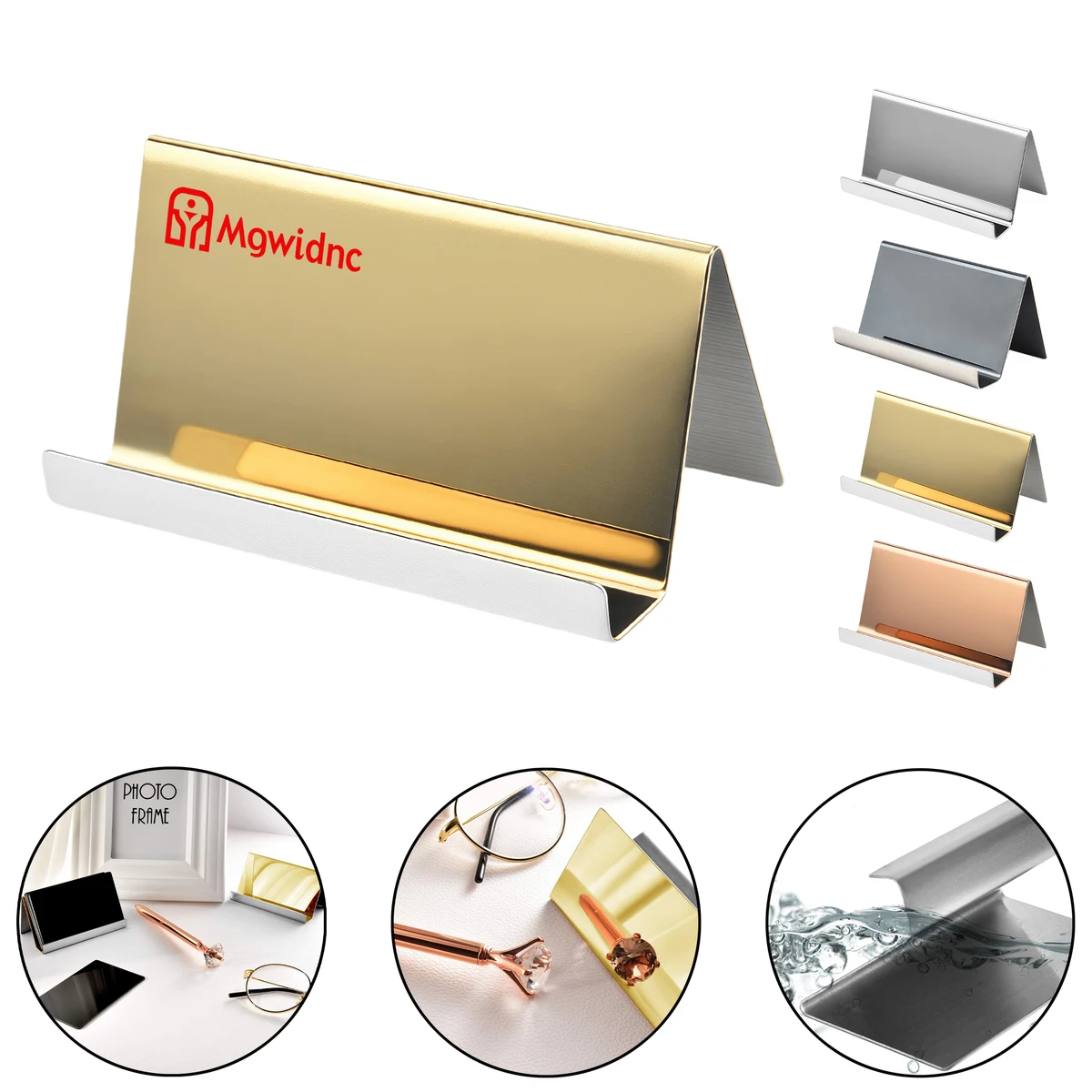 Stainless Steel Business Card Holder for Desk - Creative Office Nameplate Card Stand with Phone Slot 1