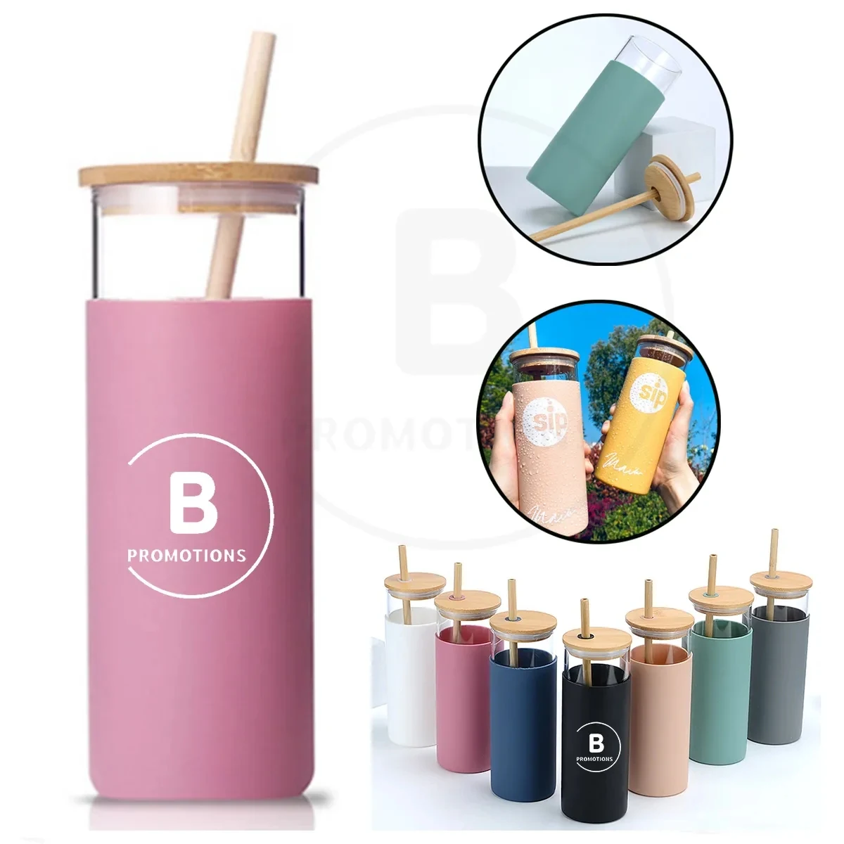 16 oz Glass Tumbler with Bamboo Lid Straw Silicone Sleeve 1