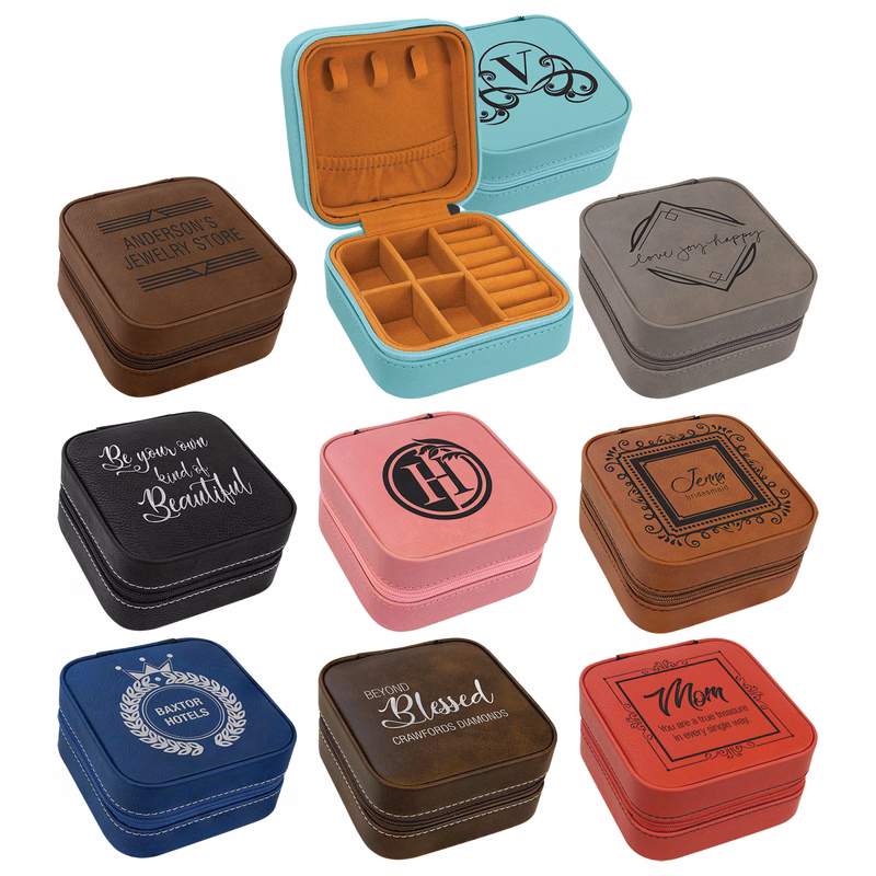 4" X 4" Laserable Leatherette Travel Jewelry Box With Tan Lining