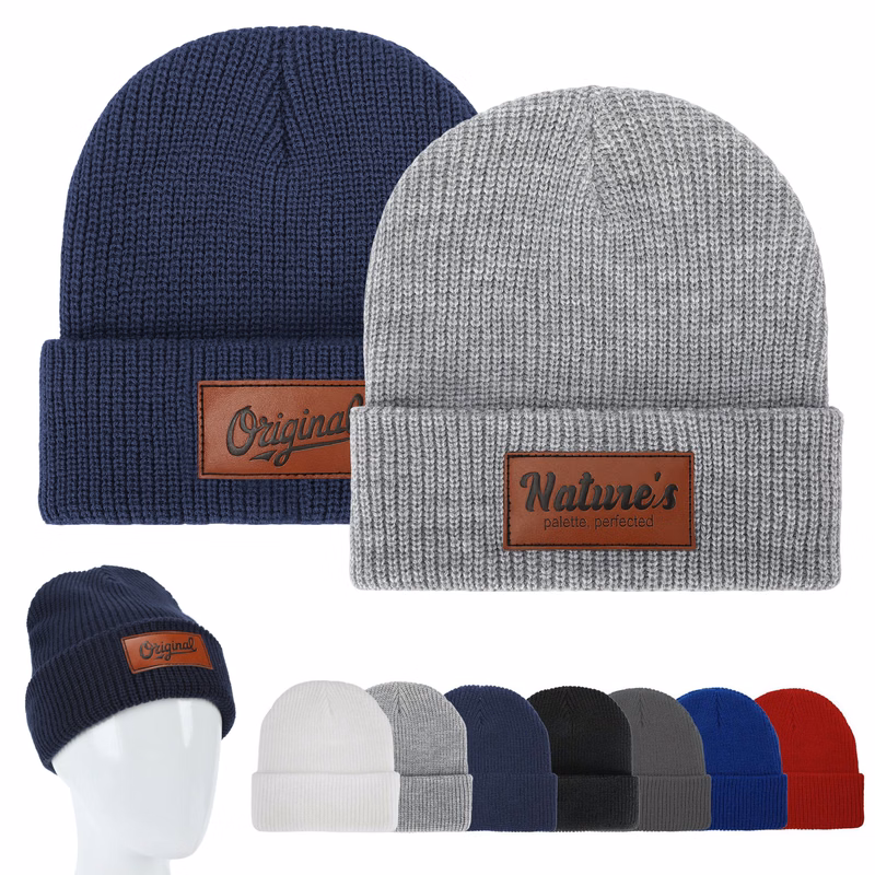 Cuffed Knit Beanie With Faux Leather Patch