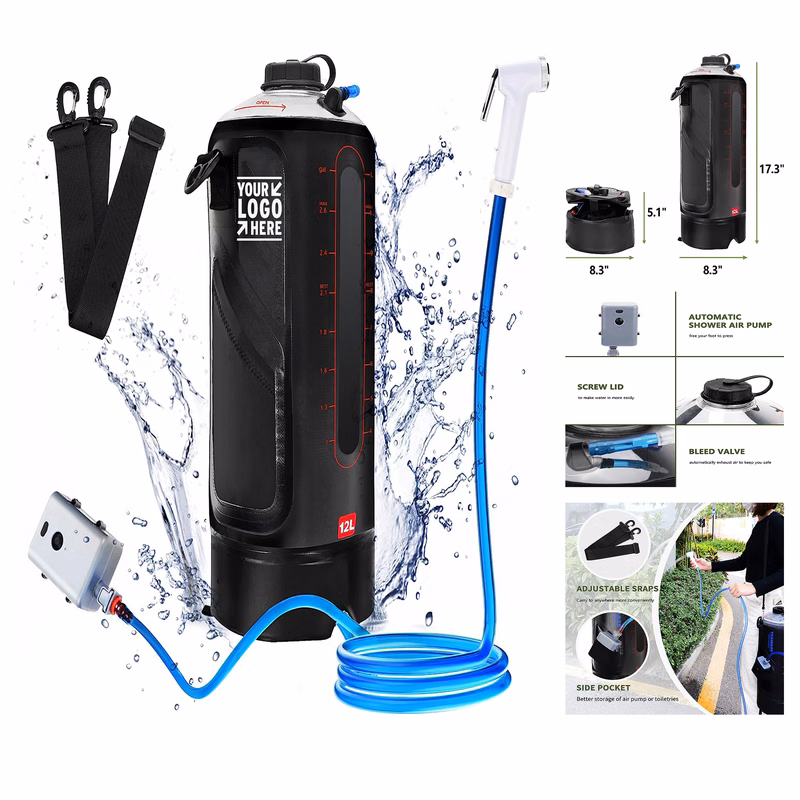 Water Level Window Auto Pressure Pump 12L Portable Camp Shower Bag with Upgraded Screw Lid