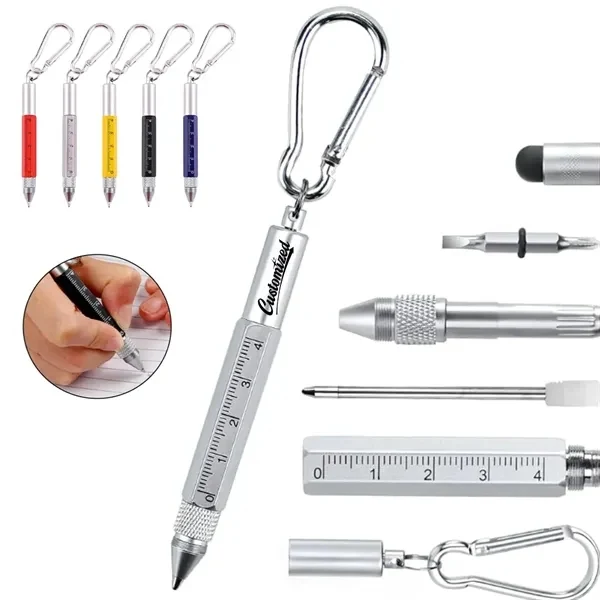 Custom 6-in-1 Metal Keychain Pen — Stylus, Ruler & Screwdriver Tool Key Ring Promo 1