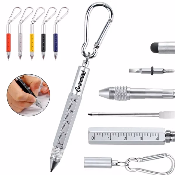 Custom 6-in-1 Metal Keychain Pen — Stylus, Ruler & Screwdriver Tool Key Ring Promo