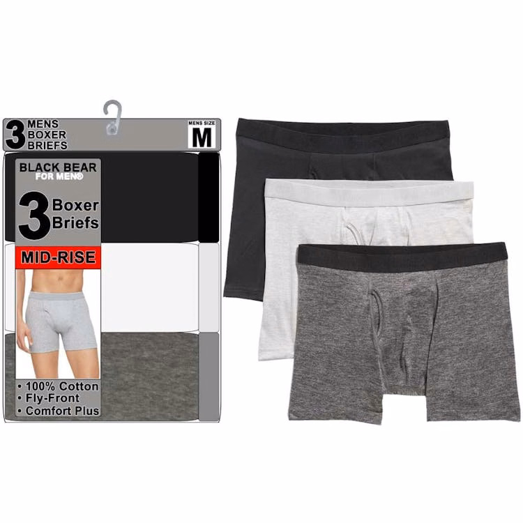 Men's 100% Cotton Mid-Rise Boxer Briefs 3pk