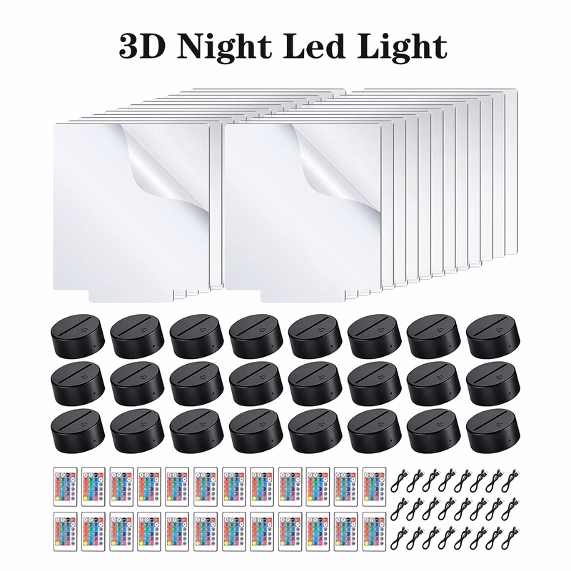 3D Night Led Light Base and Clear Blank Acrylic Sheet with Remote Controls and USB Cable