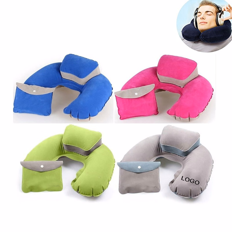 Inflatable U Shape Flocking Pillow with Storage Bag