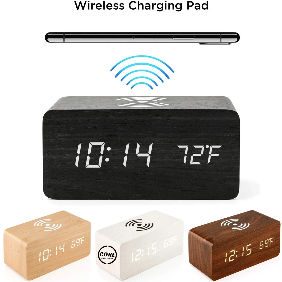 Wooden Alarm Clock With Wireless Charging Pad 1