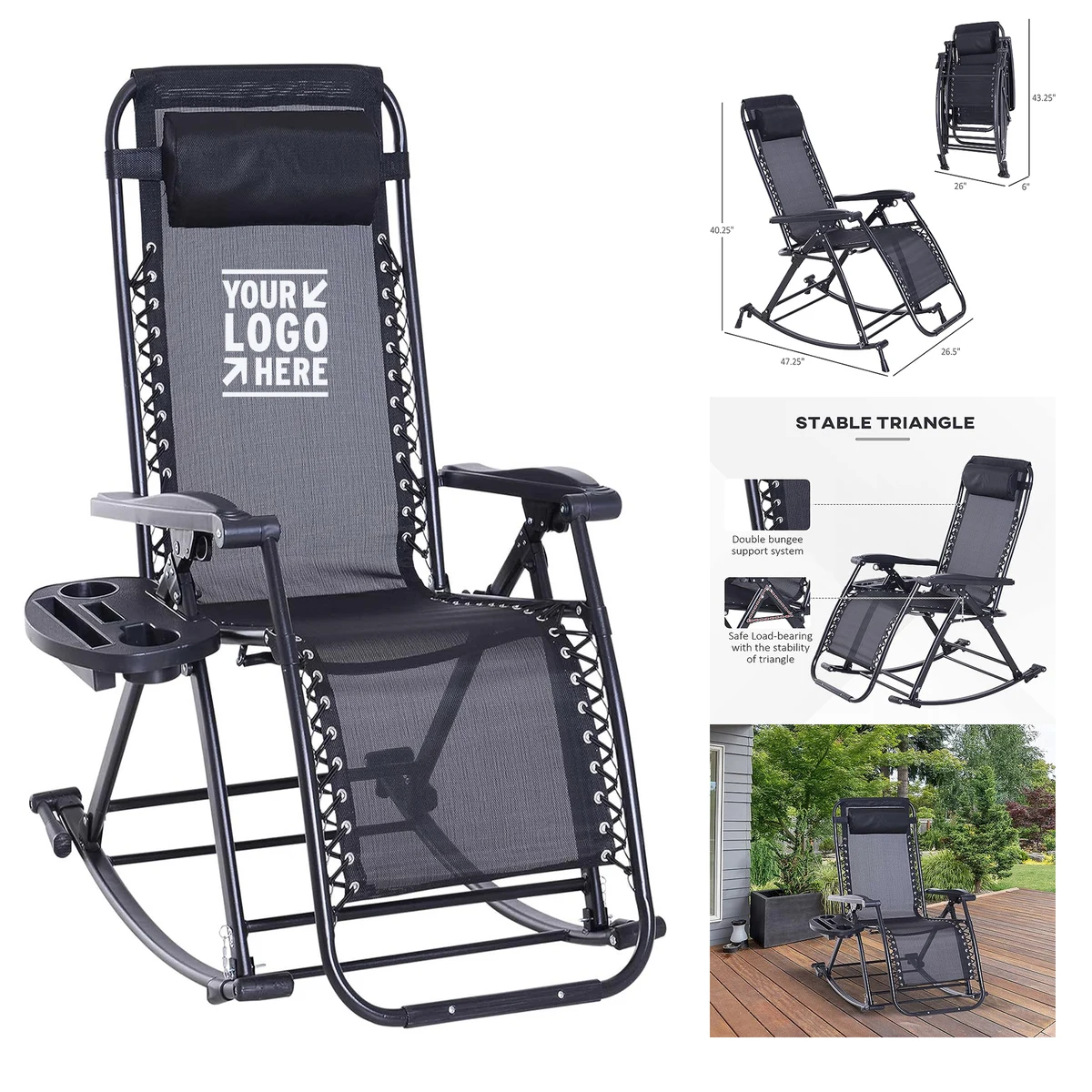 Outdoor Foldable Reclining Anti Gravity Lounge Rocker w/Pillow Chair 1