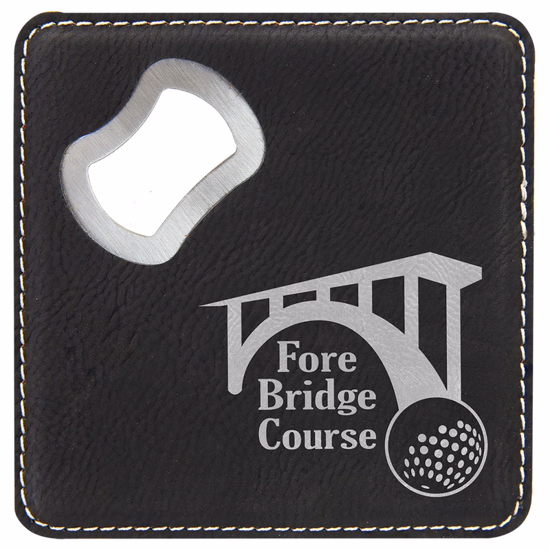 4" x 4" Square Black/Silver Leatherette Coaster with Bottle Opener