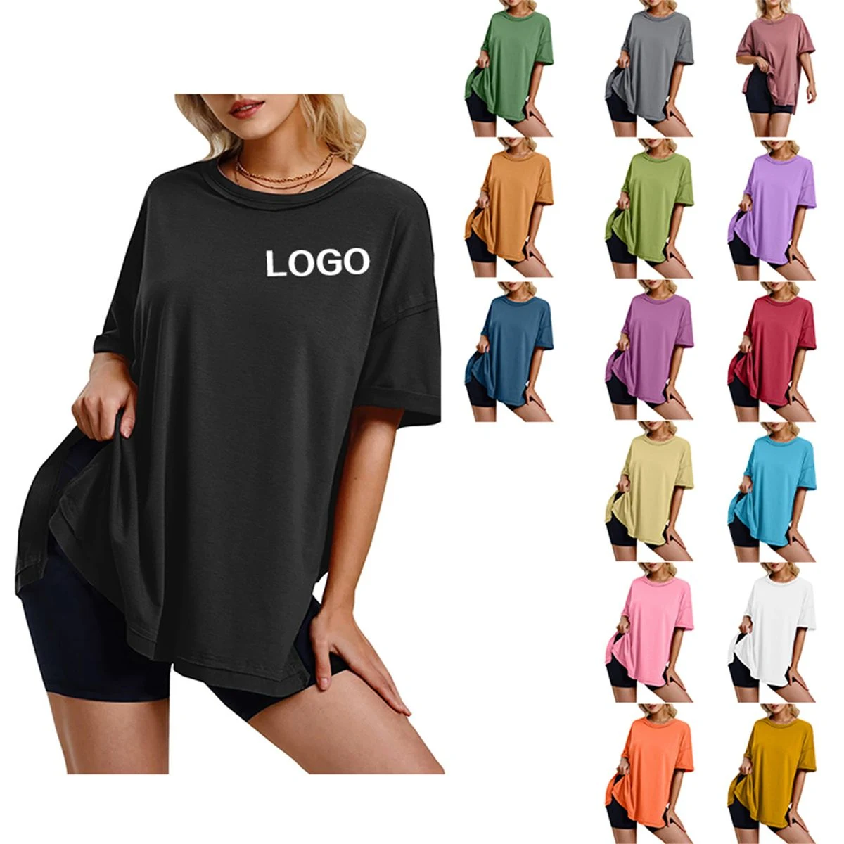 Solid color cotton round neck side slit loose T Shirt 1
