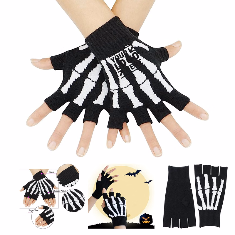 Unisex Stretchy Fingerless Hand Warmer Skeleton Gloves