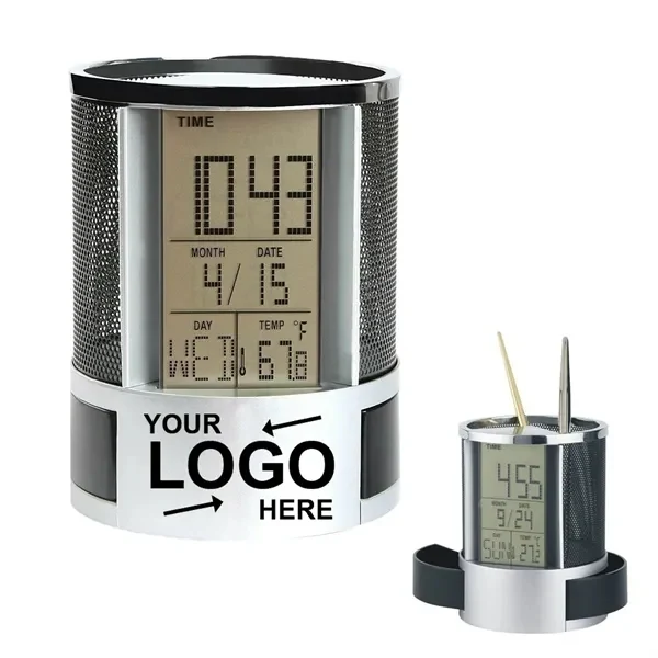 Custom 3.39" Black Multi Function Clock Desk Organizer — Professional Office Essential 1