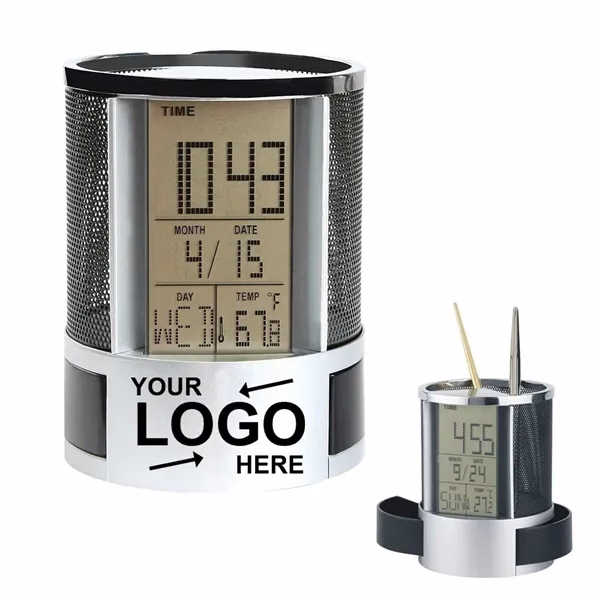 Custom 3.39" Black Multi Function Clock Desk Organizer — Professional Office Essential