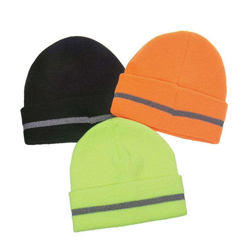 Cuffed Knit Beanie Hat with Reflective Stripe