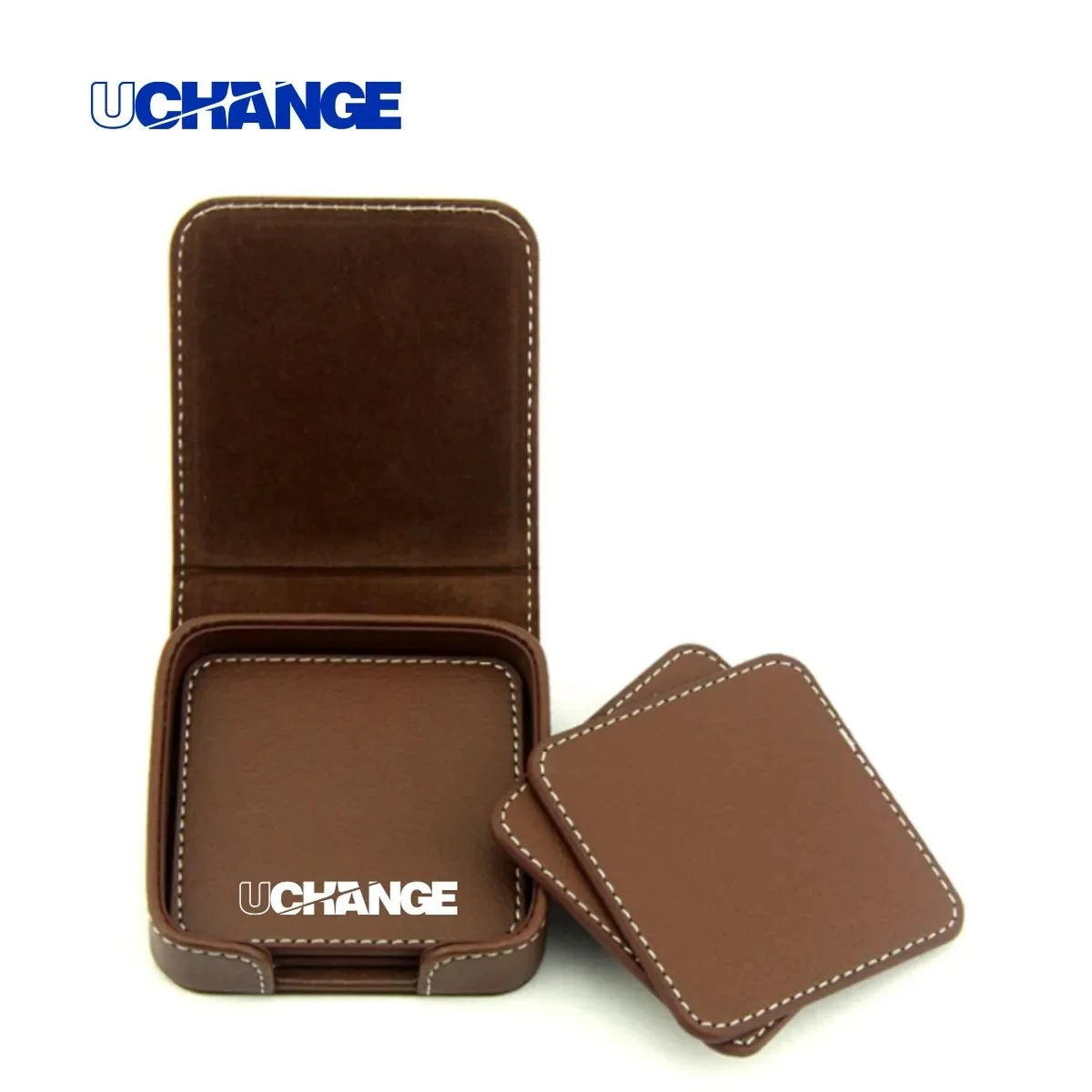 PU Leather Square Coaster Set With Holder 1