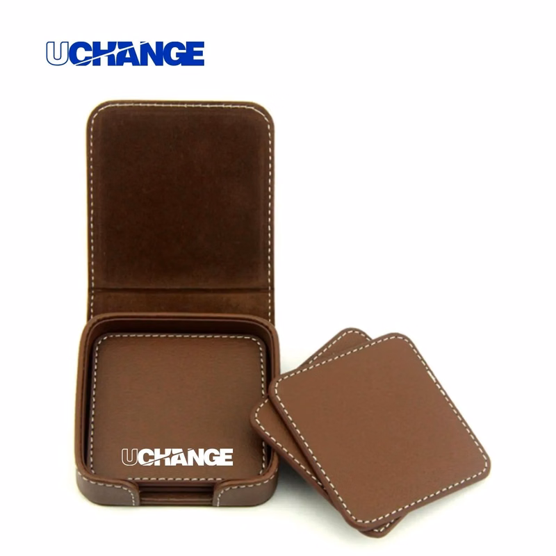 PU Leather Square Coaster Set With Holder