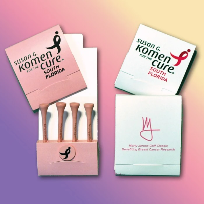 Golf Tee Matchbook Packet w/ Four Pink 2 1/8" Tees & 1 Marker 1