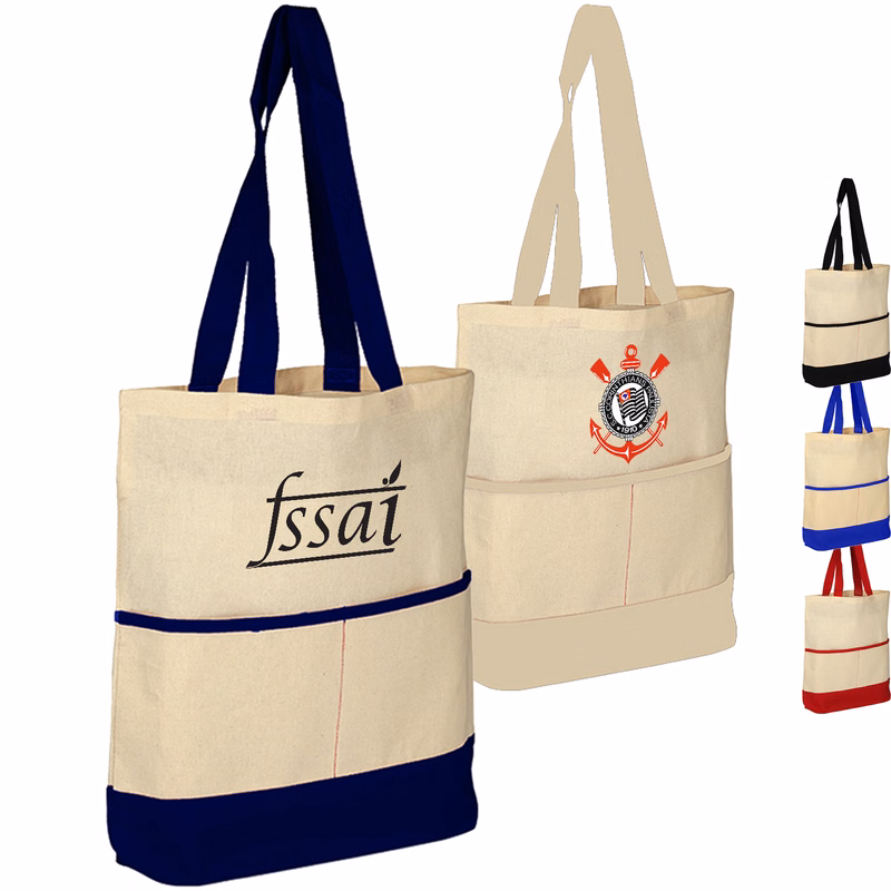 100% Cotton Canvas Sheeting Color Accent Tote Bag w/ Pocket USA Decorated (14.5" x 17")