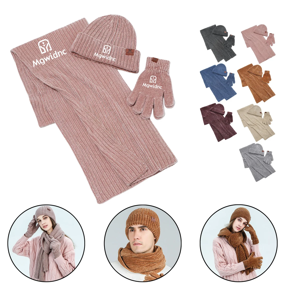 Winter Scarf Hat Gloves Set - Rib Knit Beanie Neck Warmer Touchscreen Gloves 1