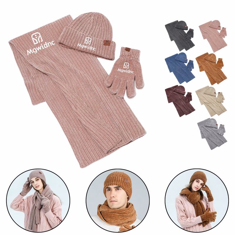 Winter Scarf Hat Gloves Set - Rib Knit Beanie Neck Warmer Touchscreen Gloves