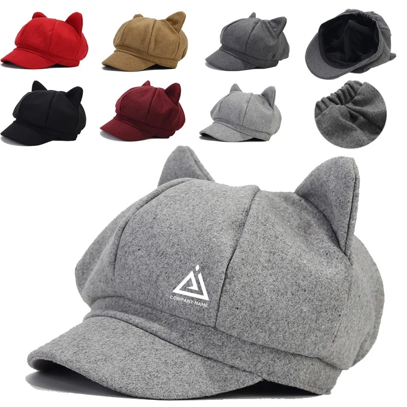 Winter Women Casual Octagonal Cap With Cat Ears 1
