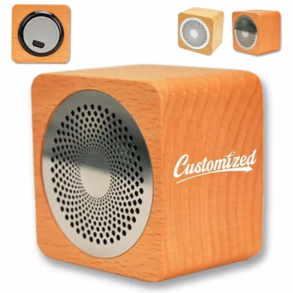 Custom Natural Wood Cube Bluetooth Speaker with Precision Grille — Portable Tech Essential
