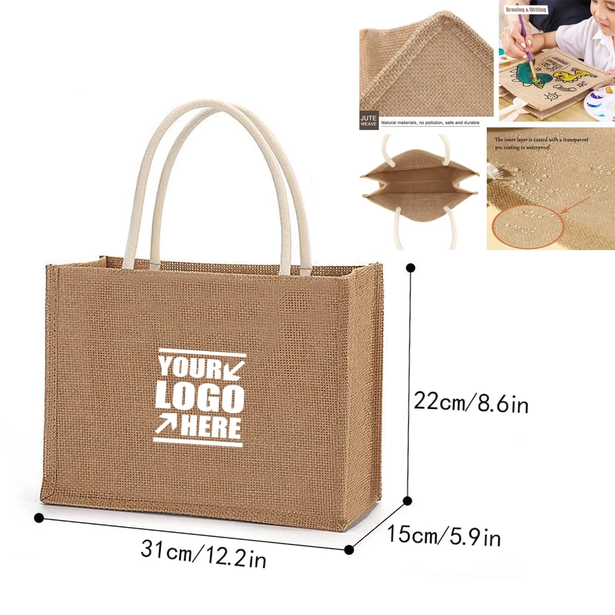 Natural Linen Jute Reusable Tote Bag With Handles, custom tote bag with logo imprint 1