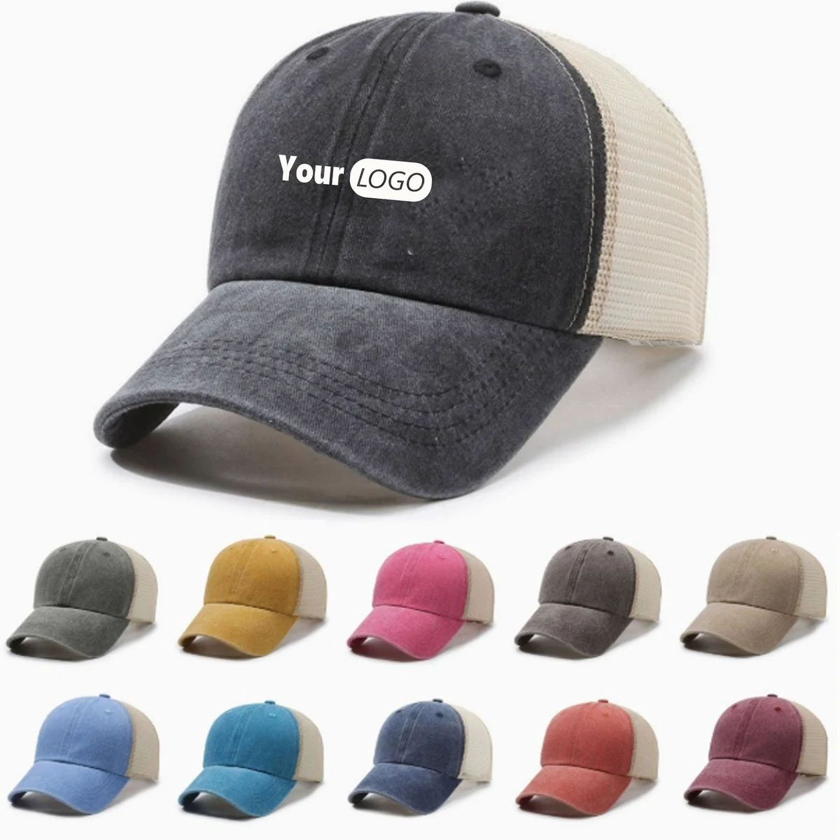 Washed Cotton Mesh Trucker Hat Custom Embroidery Logo 1