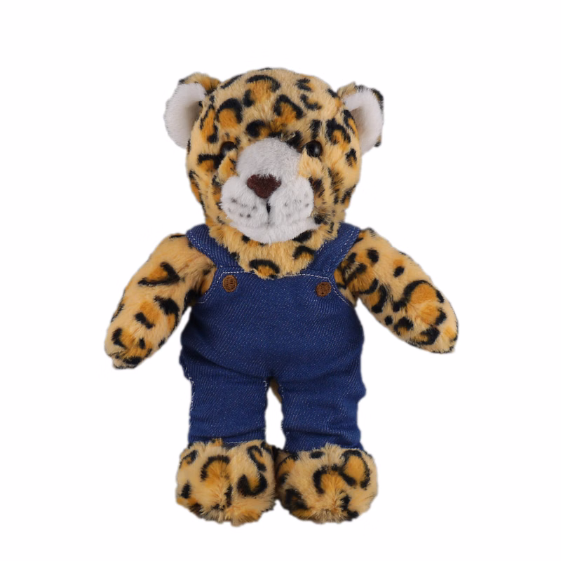 Soft Plush Stuffed Leopard in denim overall.