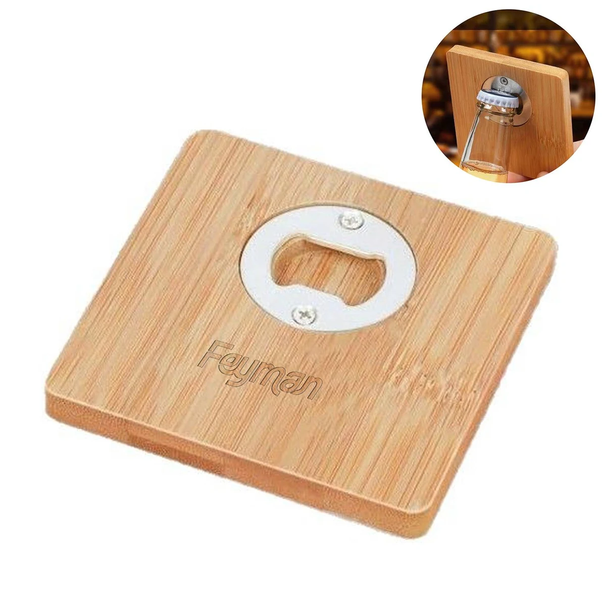 2 in 1 Square Bamboo Coaster Bottle Opener 1
