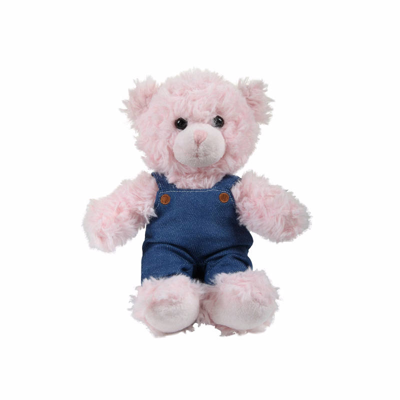 soft plush  Pink Curly Sitting Bear in denim overall