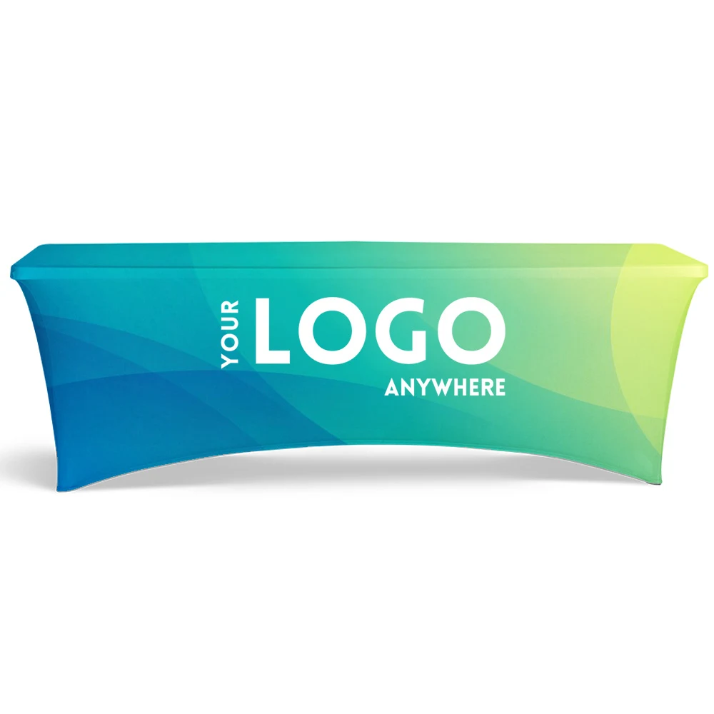 8' Fitted, 3 Sided Contour Stretch All-Over Imprint Table Cover 1