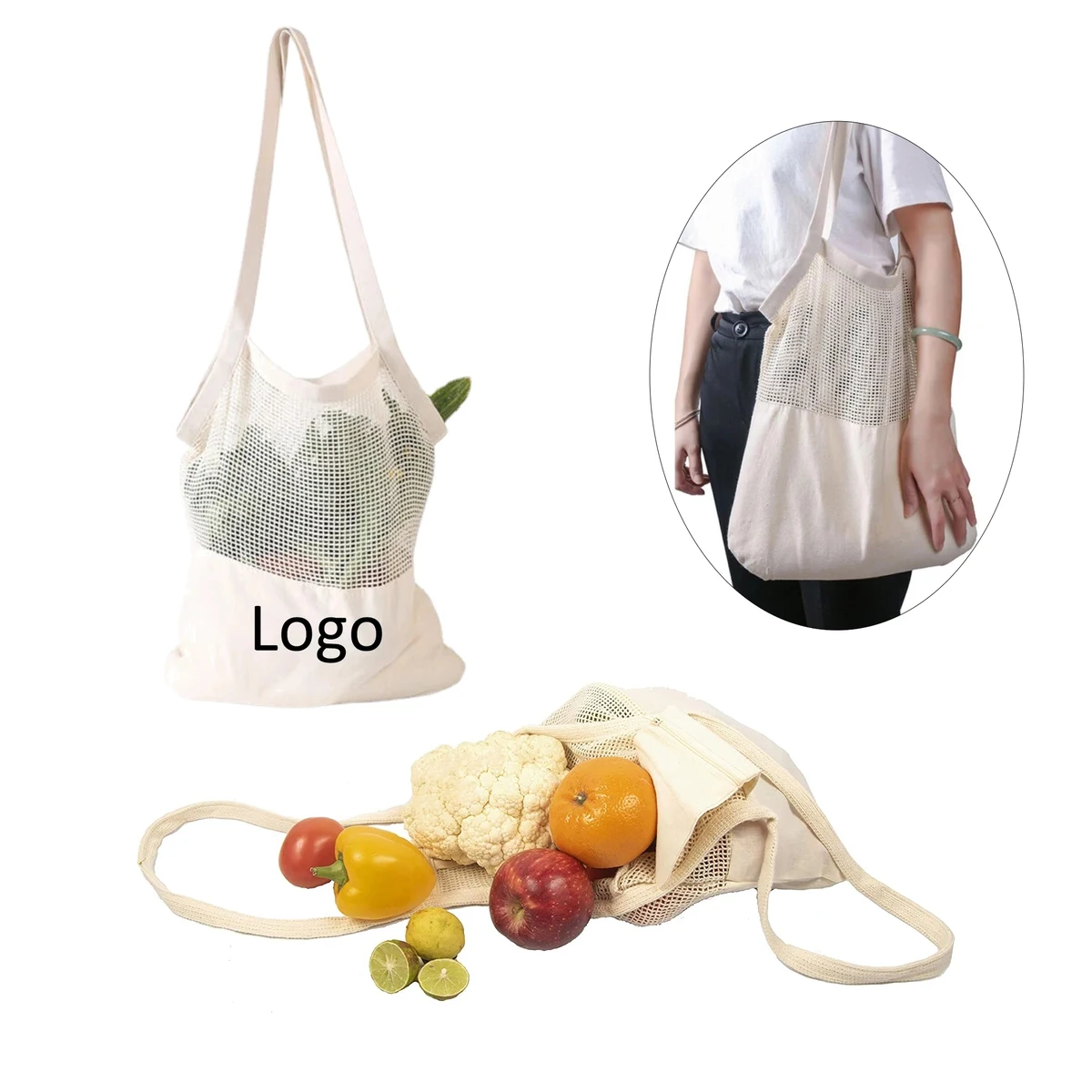 Cotton Mesh Net Bag with Handles, custom tote bag with logo imprint 1
