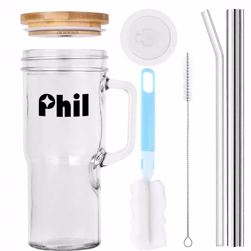 Bamboo-Lid Mason Jar - Glass Cup w/ Straw & Brush Set