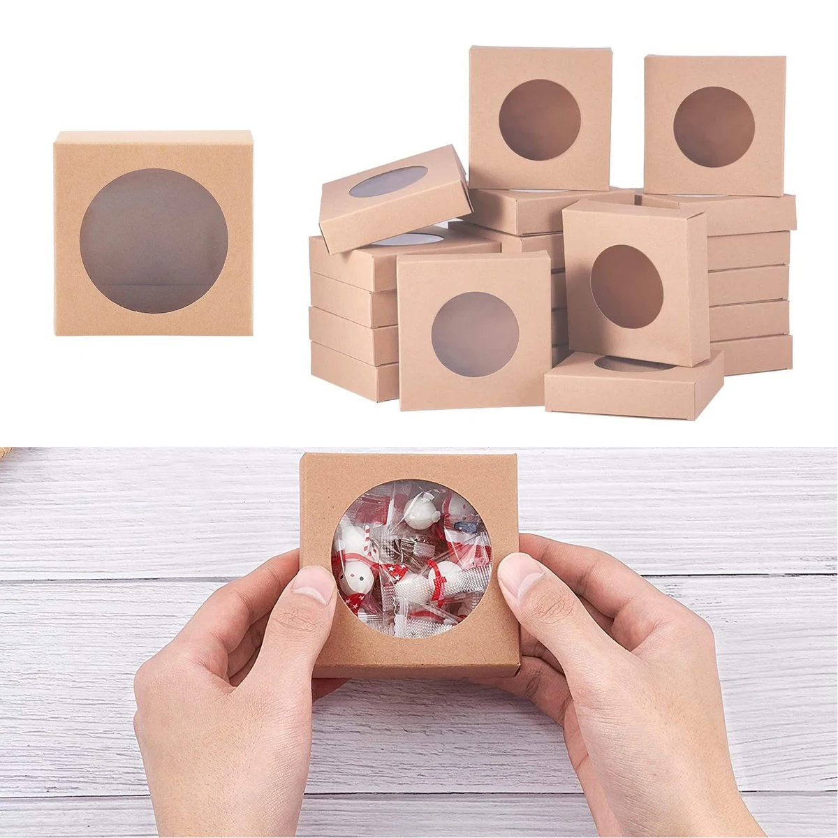 3 x 3 x 1.2 Inches Round Clear Window Kraft Square Paper Box 1
